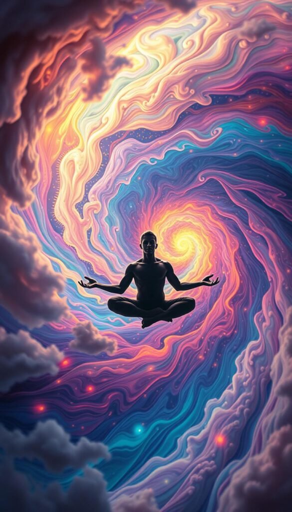 Sweeping psychedelic dreamscape with a swirling vortex of vibrant colors and ethereal shapes, representing the subconscious mind. In the foreground, a floating human figure in a meditative pose, their consciousness expanding into the kaleidoscopic realm of recurring dreams. Soft, warm lighting illuminates the scene, creating an atmosphere of introspection and self-discovery. Wispy, translucent elements drift through the background, symbolizing the ephemeral nature of dreams. The composition evokes a sense of wonder, inviting the viewer to explore the hidden meanings and psychology behind the recurring patterns of the subconscious. Sweeping psychedelic dreamscape with a swirling vortex of vibrant colors and ethereal shapes, representing the subconscious mind. In the foreground, a floating human figure in a meditative pose, their consciousness expanding into the kaleidoscopic realm of recurring dreams. Soft, warm lighting illuminates the scene, creating an atmosphere of introspection and self-discovery. Wispy, translucent elements drift through the background, symbolizing the ephemeral nature of dreams. The composition evokes a sense of wonder, inviting the viewer to explore the hidden meanings and psychology behind the recurring patterns of the subconscious.