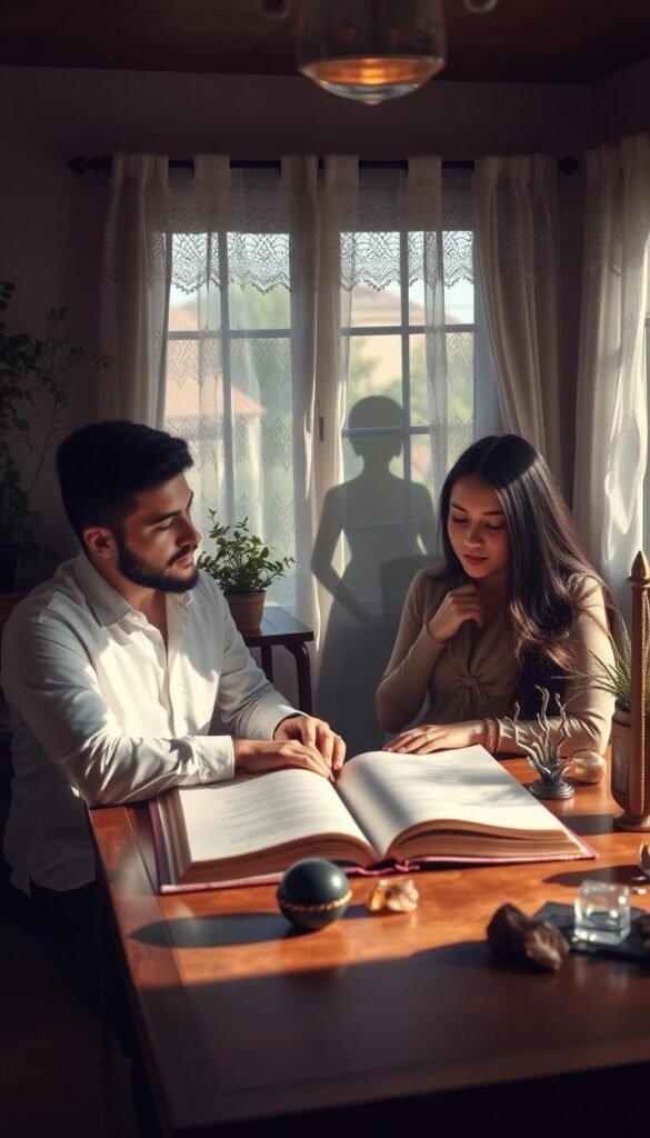 Tranquil, sun-dappled room with parents seated at a wooden table, poring over an open book of baby names. Soft natural lighting filters through lace curtains, casting a warm glow. Crystals, plants, and spiritual icons adorn the space, creating an atmosphere of contemplation. Parents' faces are thoughtful as they carefully consider the meaning and energy behind each name, seeking one that resonates with their child's destiny. Ghostly silhouettes of ancestral guides linger in the periphery, offering their wisdom. Shimmering energy flows between the parents, the name book, and the unseen realm, as they collaborate to choose a moniker of profound significance. Tranquil, sun-dappled room with parents seated at a wooden table, poring over an open book of baby names. Soft natural lighting filters through lace curtains, casting a warm glow. Crystals, plants, and spiritual icons adorn the space, creating an atmosphere of contemplation. Parents' faces are thoughtful as they carefully consider the meaning and energy behind each name, seeking one that resonates with their child's destiny. Ghostly silhouettes of ancestral guides linger in the periphery, offering their wisdom. Shimmering energy flows between the parents, the name book, and the unseen realm, as they collaborate to choose a moniker of profound significance.