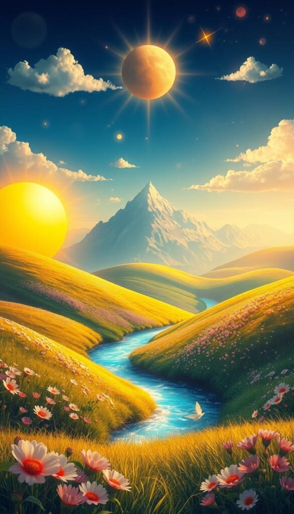 Vibrant abstract landscape depicting the manifestation of personal goals. A large, radiant sun illuminates the foreground, casting warm, golden light upon a rolling meadow of blooming flowers. In the middle ground, a gently flowing river winds its way through the lush greenery, symbolizing the journey towards achieving desires. In the distance, a towering mountain range stands tall, representing the culmination of manifested ambitions. Soft, ethereal clouds drift across a deep, azure sky, conveying a sense of tranquility and possibility. Ethereal, spiritual elements such as glowing orbs and energy beams dance throughout the scene, infusing the image with a mystical, transformative quality. Vibrant abstract landscape depicting the manifestation of personal goals. A large, radiant sun illuminates the foreground, casting warm, golden light upon a rolling meadow of blooming flowers. In the middle ground, a gently flowing river winds its way through the lush greenery, symbolizing the journey towards achieving desires. In the distance, a towering mountain range stands tall, representing the culmination of manifested ambitions. Soft, ethereal clouds drift across a deep, azure sky, conveying a sense of tranquility and possibility. Ethereal, spiritual elements such as glowing orbs and energy beams dance throughout the scene, infusing the image with a mystical, transformative quality.