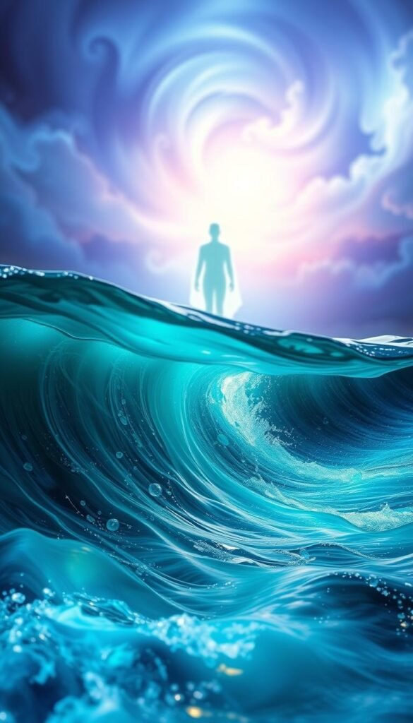 Vibrant abstract landscape depicting the symbolism of water in dreams. In the foreground, flowing waves of turquoise and azure cascade, symbolizing the unconscious and emotional depths. In the middle ground, a translucent figure emerges, representing the subconscious self. The background is a mystical swirl of indigo and violet hues, evoking the spiritual realm. Soft, diffused lighting casts a serene, ethereal glow over the scene. Captured with a wide-angle lens to convey a sense of vastness and the expansive nature of the subconscious. The overall mood is one of tranquility, introspection, and the connection between the physical and metaphysical. Vibrant abstract landscape depicting the symbolism of water in dreams. In the foreground, flowing waves of turquoise and azure cascade, symbolizing the unconscious and emotional depths. In the middle ground, a translucent figure emerges, representing the subconscious self. The background is a mystical swirl of indigo and violet hues, evoking the spiritual realm. Soft, diffused lighting casts a serene, ethereal glow over the scene. Captured with a wide-angle lens to convey a sense of vastness and the expansive nature of the subconscious. The overall mood is one of tranquility, introspection, and the connection between the physical and metaphysical.