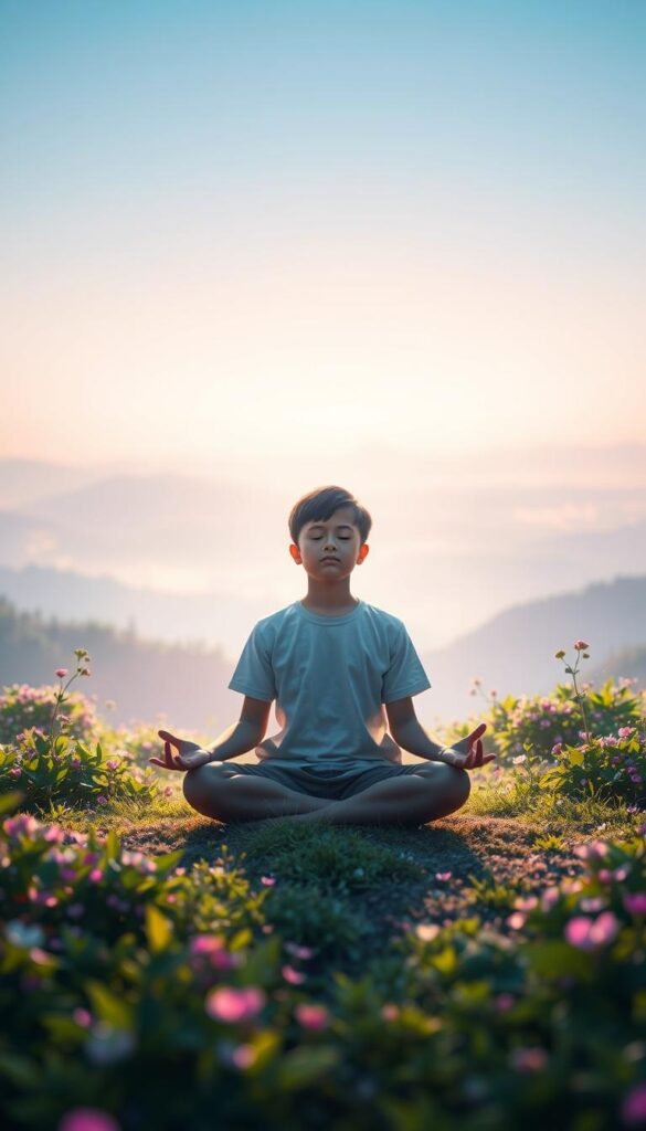 Vibrant and serene landscape, bathed in soft, diffused lighting. In the foreground, a young student sits in a lotus position, eyes closed, hands resting gently on their lap, embodying a state of deep mindfulness. Surrounding them, ethereal wisps of energy flow, symbolizing the inner peace and clarity gained through mindful practice. In the middle ground, lush, verdant flora sway gently, creating a calming, natural atmosphere. The background features a tranquil, minimalist horizon, with hues of soft blues and purples, evoking a sense of expansiveness and oneness. Subtle, elegant design elements subtly accentuate the theme of mindfulness and its benefits for students. Vibrant and serene landscape, bathed in soft, diffused lighting. In the foreground, a young student sits in a lotus position, eyes closed, hands resting gently on their lap, embodying a state of deep mindfulness. Surrounding them, ethereal wisps of energy flow, symbolizing the inner peace and clarity gained through mindful practice. In the middle ground, lush, verdant flora sway gently, creating a calming, natural atmosphere. The background features a tranquil, minimalist horizon, with hues of soft blues and purples, evoking a sense of expansiveness and oneness. Subtle, elegant design elements subtly accentuate the theme of mindfulness and its benefits for students.