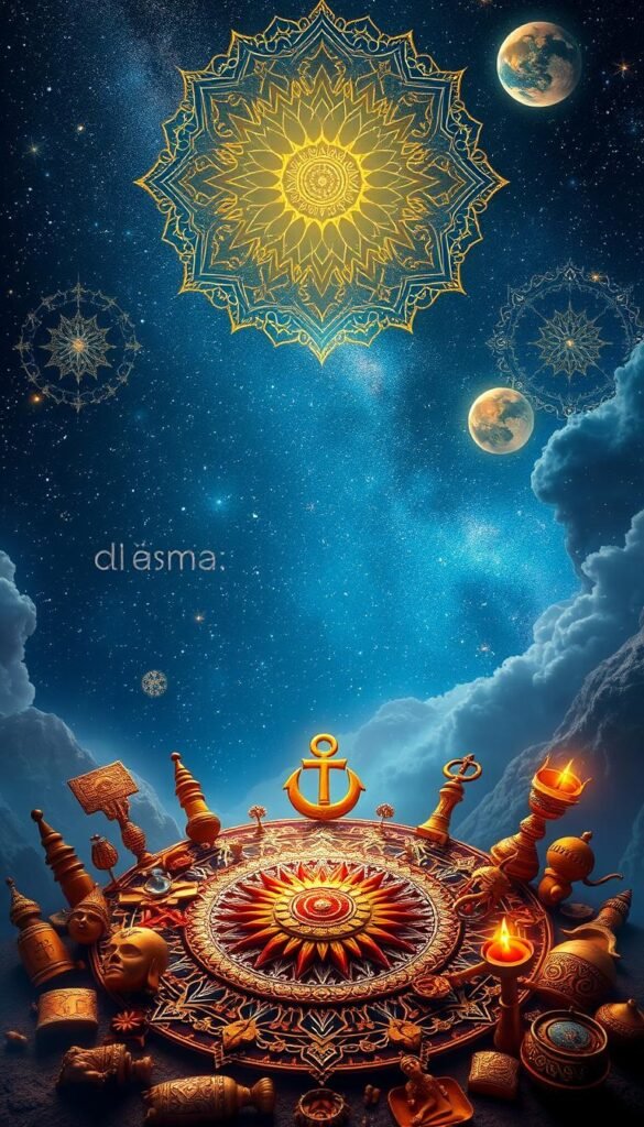 Vibrant celestial landscape, with intricate mandala patterns and celestial symbols floating in the starry night sky. In the foreground, a diverse array of ancient spiritual icons and artifacts from global traditions - Egyptian ankhs, Hindu deities, Tibetan prayer wheels, Islamic crescents, and more - arranged in a harmonious mandala-like composition. Soft, ethereal lighting illuminates the scene, creating a sense of mysticism and tranquility. The overall atmosphere evokes a deep connection between the cosmic and the earthly realms, blending ancient spiritual wisdom from across the world.