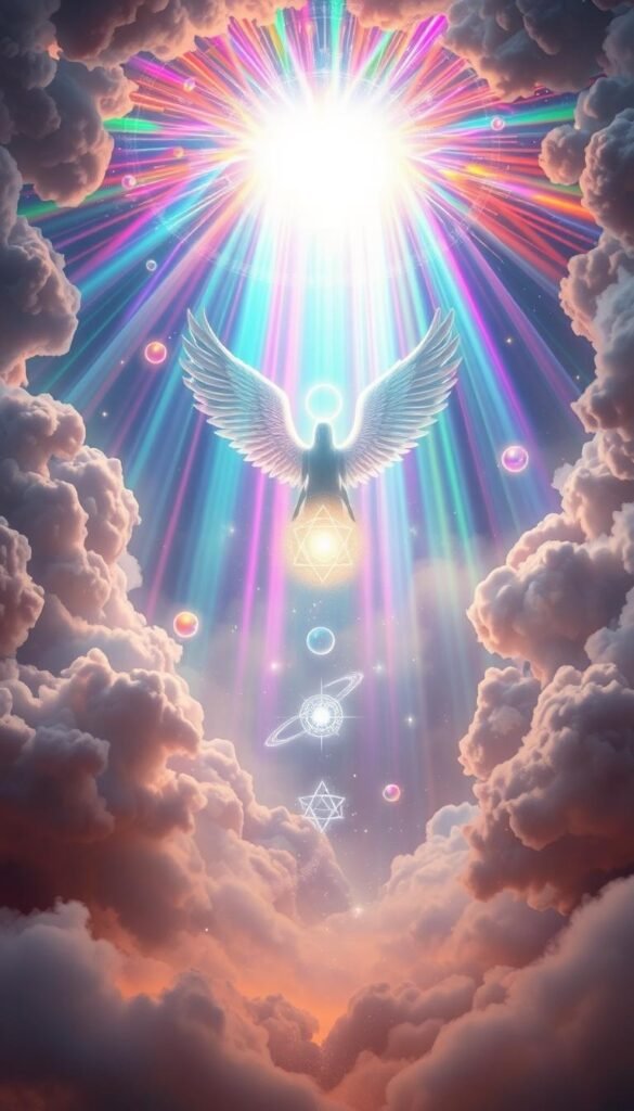 Vibrant celestial portal with cascading streams of multicolored light, ethereal angelic forms emerging from the luminous haze, glowing orbs and geometric symbols pulsating with divine energy, all set against a vast, otherworldly landscape of swirling clouds and cosmic dust. Soft, diffused lighting creates an atmosphere of tranquility and wonder, inviting the viewer to connect with the sacred, mystical nature of angel numbers. Composition balanced with a sense of depth and dynamism, capturing the profound significance and transformative power of these auspicious numerical signs. Vibrant celestial portal with cascading streams of multicolored light, ethereal angelic forms emerging from the luminous haze, glowing orbs and geometric symbols pulsating with divine energy, all set against a vast, otherworldly landscape of swirling clouds and cosmic dust. Soft, diffused lighting creates an atmosphere of tranquility and wonder, inviting the viewer to connect with the sacred, mystical nature of angel numbers. Composition balanced with a sense of depth and dynamism, capturing the profound significance and transformative power of these auspicious numerical signs.