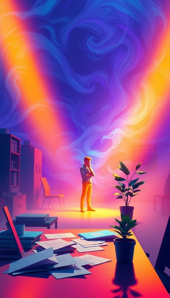 Vibrant, ethereal office space flooded with warm, diffused lighting. In the foreground, a desk with scattered papers, a laptop, and a potted plant symbolizing growth. In the middle ground, a figure representing the dreamer standing contemplatively, deep in thought about their career. The background filled with swirling, abstract patterns in shades of blue and purple, hinting at the subconscious nature of dreams. The overall composition has a serene, introspective mood, capturing the common themes of work-related dreams - uncertainty, ambition, and the search for meaning. Vibrant, ethereal office space flooded with warm, diffused lighting. In the foreground, a desk with scattered papers, a laptop, and a potted plant symbolizing growth. In the middle ground, a figure representing the dreamer standing contemplatively, deep in thought about their career. The background filled with swirling, abstract patterns in shades of blue and purple, hinting at the subconscious nature of dreams. The overall composition has a serene, introspective mood, capturing the common themes of work-related dreams - uncertainty, ambition, and the search for meaning.