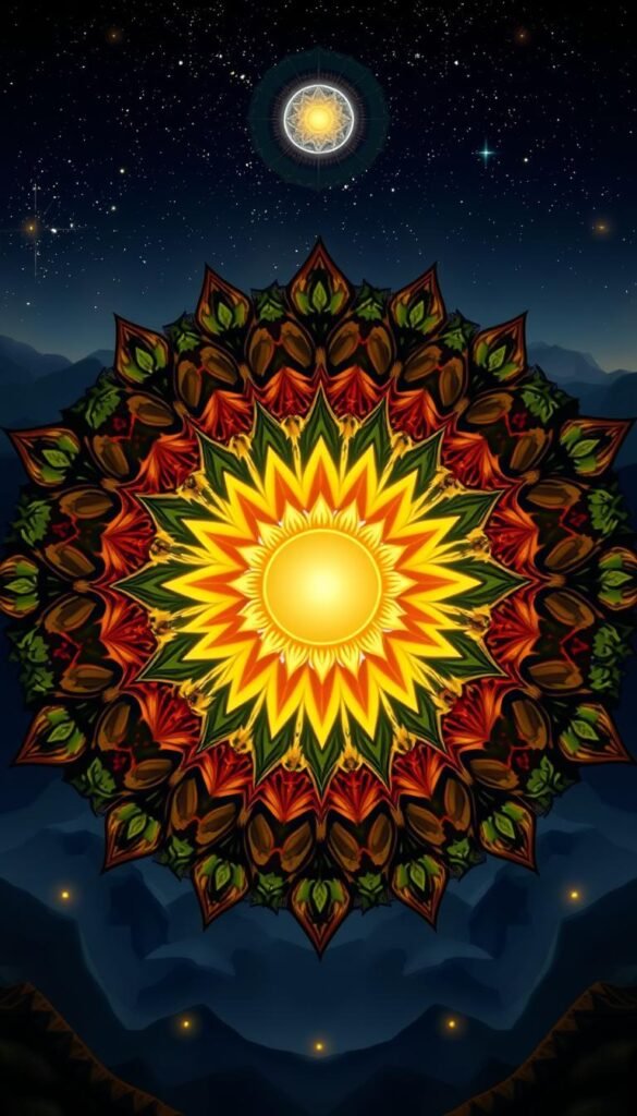 Vibrant mandala of health, a kaleidoscope of wellness. In the foreground, a radiant sun symbol, rays of light emanating outward. Surrounding it, an intricate pattern of leaves, herbs, and botanical elements in rich, earthy tones. In the middle ground, a glowing orb, pulsing with cleansing energy. In the background, a serene landscape, mountains, and a starry night sky, conveying a sense of balance and rejuvenation. Soft, diffused lighting, a warm, inviting atmosphere. Hints of gold and copper accents, suggesting the transformative power of detoxification. Elegant, flowing composition, a harmonious blend of nature and the divine. Vibrant mandala of health, a kaleidoscope of wellness. In the foreground, a radiant sun symbol, rays of light emanating outward. Surrounding it, an intricate pattern of leaves, herbs, and botanical elements in rich, earthy tones. In the middle ground, a glowing orb, pulsing with cleansing energy. In the background, a serene landscape, mountains, and a starry night sky, conveying a sense of balance and rejuvenation. Soft, diffused lighting, a warm, inviting atmosphere. Hints of gold and copper accents, suggesting the transformative power of detoxification. Elegant, flowing composition, a harmonious blend of nature and the divine.