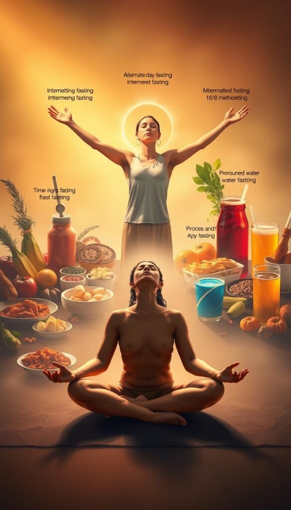 Vibrant scene depicting different intermittent fasting methods. In the foreground, a person sits cross-legged in a meditative pose, eyes closed, as they practice time-restricted eating. In the middle ground, a person stands with arms raised, embracing the sense of renewal and clarity that comes from an extended fast. In the background, various foods and drink represent the diverse approaches to intermittent fasting, such as alternate-day fasting, 16/8 method, and prolonged water fasting. Soft, warm lighting bathes the scene in a serene, spiritual atmosphere, emphasizing the holistic, transformative nature of these fasting practices.