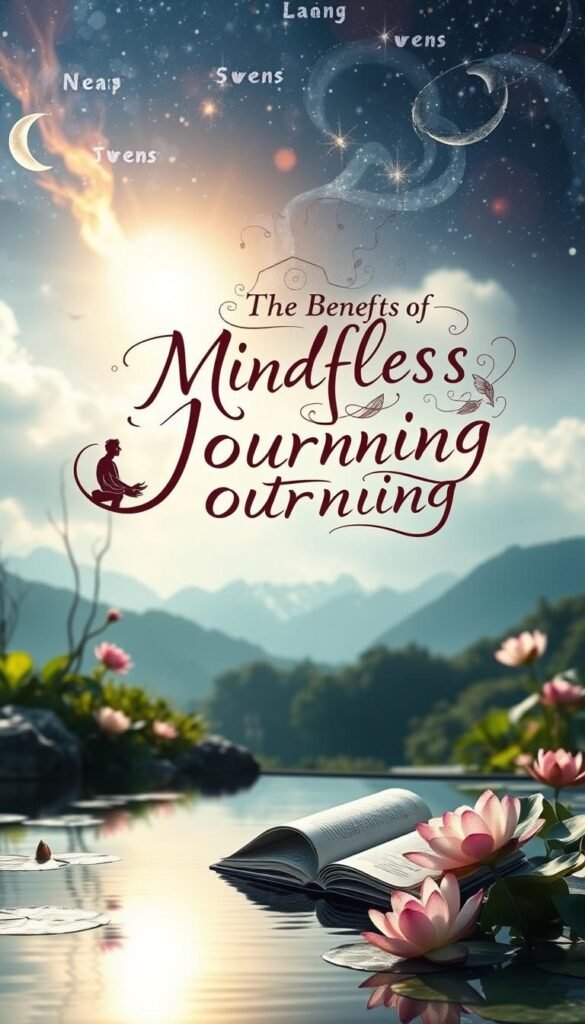 Vibrant spiritual landscape showcasing the benefits of mindfulness journaling. In the foreground, a serene zen garden with a tranquil pond, lotus flowers, and a floating journal. In the middle ground, a calligraphic flourish depicting scenes of self-reflection, emotional clarity, and inner peace. The background features a glowing, celestial skyscape with shimmering stars and wisps of ethereal energy, conveying a sense of cosmic connection. Soft, diffused lighting, a shallow depth of field, and a warm, harmonious color palette evoke a contemplative, introspective mood. Captured through a wide-angle lens to emphasize the expansive, holistic nature of mindfulness journaling. Vibrant spiritual landscape showcasing the benefits of mindfulness journaling. In the foreground, a serene zen garden with a tranquil pond, lotus flowers, and a floating journal. In the middle ground, a calligraphic flourish depicting scenes of self-reflection, emotional clarity, and inner peace. The background features a glowing, celestial skyscape with shimmering stars and wisps of ethereal energy, conveying a sense of cosmic connection. Soft, diffused lighting, a shallow depth of field, and a warm, harmonious color palette evoke a contemplative, introspective mood. Captured through a wide-angle lens to emphasize the expansive, holistic nature of mindfulness journaling.