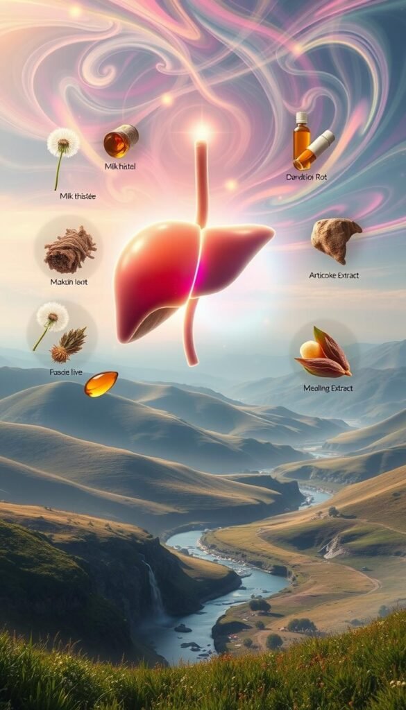 Vibrant spiritual scene depicting the human liver and various treatment options. In the foreground, a glowing, ethereal liver hovers, emanating a warm, healing light. Around it, an array of natural remedies and supplements float, including milk thistle, dandelion root, and artichoke extract. In the middle ground, a serene landscape with rolling hills and a meandering river sets the stage. The background is a tapestry of swirling, colorful energies, representing the harmony and balance of the body's natural detoxification processes. Soft, diffused lighting casts a soothing, mystical atmosphere. Captured with a wide-angle lens to convey a sense of expansiveness and possibility. Vibrant spiritual scene depicting the human liver and various treatment options. In the foreground, a glowing, ethereal liver hovers, emanating a warm, healing light. Around it, an array of natural remedies and supplements float, including milk thistle, dandelion root, and artichoke extract. In the middle ground, a serene landscape with rolling hills and a meandering river sets the stage. The background is a tapestry of swirling, colorful energies, representing the harmony and balance of the body's natural detoxification processes. Soft, diffused lighting casts a soothing, mystical atmosphere. Captured with a wide-angle lens to convey a sense of expansiveness and possibility.