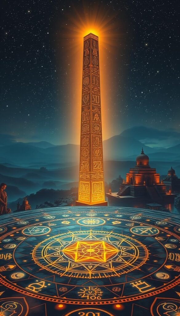 Vibrant tapestry of ancient numerology and celestial symbols, set against a backdrop of intricately carved stone structures. In the foreground, glowing geometric patterns and mystical sigils dance across the canvas, evoking a sense of esoteric knowledge. Mid-ground features a towering obelisk, its surface etched with intricate numerological patterns, casting a warm, ambient glow. The background depicts a nighttime landscape, with a star-filled sky and distant, shadowy temples nestled among rolling hills. Lighting is soft and ethereal, creating an atmosphere of profound spiritual significance. Lens is wide, capturing the grandeur and depth of the scene. Mood is contemplative, mystical, and awe-inspiring. Vibrant tapestry of ancient numerology and celestial symbols, set against a backdrop of intricately carved stone structures. In the foreground, glowing geometric patterns and mystical sigils dance across the canvas, evoking a sense of esoteric knowledge. Mid-ground features a towering obelisk, its surface etched with intricate numerological patterns, casting a warm, ambient glow. The background depicts a nighttime landscape, with a star-filled sky and distant, shadowy temples nestled among rolling hills. Lighting is soft and ethereal, creating an atmosphere of profound spiritual significance. Lens is wide, capturing the grandeur and depth of the scene. Mood is contemplative, mystical, and awe-inspiring.