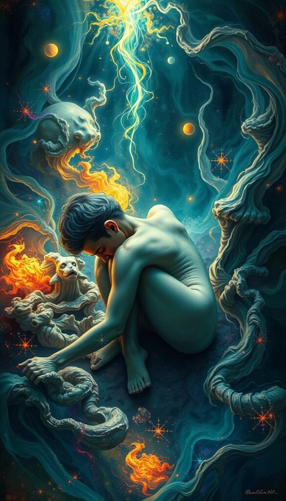 Vivid spiritual imagery depicting the side effects of detox practices. A central figure lies curled in distress, surrounded by swirling energies and disruptive elements. Erratic colors and textures suggest an imbalance, while ethereal light casts an unsettling glow. Hints of internal conflict and bodily turmoil permeate the scene, conveying the potential risks and discomforts associated with colon cleansing. Dreamy, yet unsettling tones create an atmosphere of unease, mirroring the delicate nature of the digestive detoxification process. Vivid spiritual imagery depicting the side effects of detox practices. A central figure lies curled in distress, surrounded by swirling energies and disruptive elements. Erratic colors and textures suggest an imbalance, while ethereal light casts an unsettling glow. Hints of internal conflict and bodily turmoil permeate the scene, conveying the potential risks and discomforts associated with colon cleansing. Dreamy, yet unsettling tones create an atmosphere of unease, mirroring the delicate nature of the digestive detoxification process.