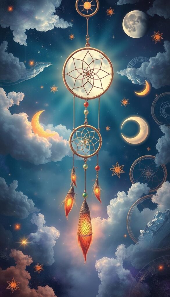 Vivid tapestry of iconic dream symbols floating in a mystical, ethereal realm. Dreamcatchers, crystals, moons, and swirling celestial motifs fill the frame, casting an enchanting glow. Soft, diffused lighting illuminates the symbolic elements, creating a transcendent, spiritual atmosphere. Wispy clouds and celestial backdrops evoke a sense of the subconscious and the infinite. Rich, saturated colors and a painterly, impressionistic style imbue the scene with a sense of depth and wonder. The overall composition balances the various dream symbols harmoniously, inviting the viewer to ponder the deeper meanings behind these universal archetypes. Vivid tapestry of iconic dream symbols floating in a mystical, ethereal realm. Dreamcatchers, crystals, moons, and swirling celestial motifs fill the frame, casting an enchanting glow. Soft, diffused lighting illuminates the symbolic elements, creating a transcendent, spiritual atmosphere. Wispy clouds and celestial backdrops evoke a sense of the subconscious and the infinite. Rich, saturated colors and a painterly, impressionistic style imbue the scene with a sense of depth and wonder. The overall composition balances the various dream symbols harmoniously, inviting the viewer to ponder the deeper meanings behind these universal archetypes.