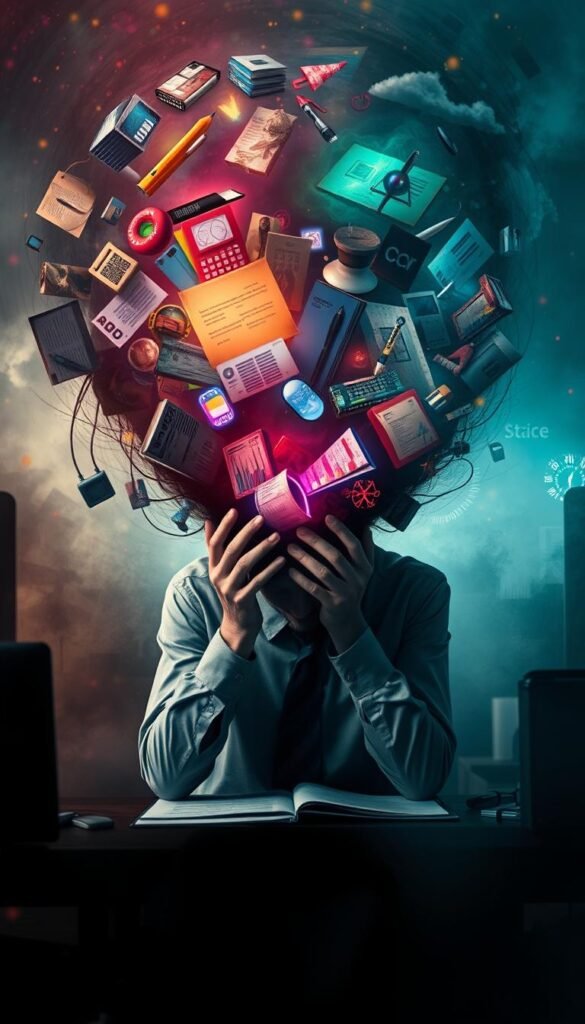 Workplace Anxiety and Dreams: A surreal scene of a distressed office worker, their head enveloped in a swirling vortex of anxious thoughts, emotions, and dreamscapes. In the dimly lit foreground, the figure sits hunched at a desk, hands clutching their head as vibrant, otherworldly imagery emerges from their subconscious - ghostly office supplies, fragmented documents, and abstract symbols representing the pressures and uncertainties of the corporate world. The middle ground is hazy, with a sense of suffocating atmosphere and unease, while the background dissolves into a kaleidoscope of color, light, and ethereal forms, conveying the deeply personal and spiritual nature of the worker's inner turmoil. The overall composition evokes a sense of psychological tension, the blurring of waking and dream states, and the profound impact of workplace anxiety on an individual's psyche. Workplace Anxiety and Dreams: A surreal scene of a distressed office worker, their head enveloped in a swirling vortex of anxious thoughts, emotions, and dreamscapes. In the dimly lit foreground, the figure sits hunched at a desk, hands clutching their head as vibrant, otherworldly imagery emerges from their subconscious - ghostly office supplies, fragmented documents, and abstract symbols representing the pressures and uncertainties of the corporate world. The middle ground is hazy, with a sense of suffocating atmosphere and unease, while the background dissolves into a kaleidoscope of color, light, and ethereal forms, conveying the deeply personal and spiritual nature of the worker's inner turmoil. The overall composition evokes a sense of psychological tension, the blurring of waking and dream states, and the profound impact of workplace anxiety on an individual's psyche.