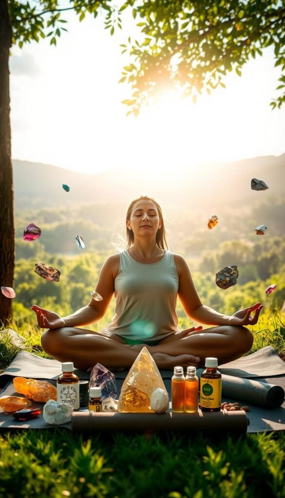 a serene, sun-drenched outdoor setting with a lush, verdant landscape in the background. in the foreground, a person seated in a meditative lotus position, surrounded by floating crystals, gemstones, and holistic wellness objects like essential oils, herbal tinctures, and a yoga mat. the lighting is soft and diffused, creating a calming, tranquil atmosphere. the person's expression is one of deep focus and inner peace, symbolizing the achievement of health and wellness goals through the power of manifestation. a serene, sun-drenched outdoor setting with a lush, verdant landscape in the background. in the foreground, a person seated in a meditative lotus position, surrounded by floating crystals, gemstones, and holistic wellness objects like essential oils, herbal tinctures, and a yoga mat. the lighting is soft and diffused, creating a calming, tranquil atmosphere. the person's expression is one of deep focus and inner peace, symbolizing the achievement of health and wellness goals through the power of manifestation.