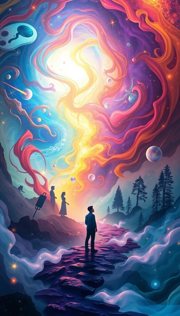 a vibrant dreamscape depicting a person experiencing a career change, with the foreground showing the individual standing amidst a swirling vortex of colors and shapes, symbolic of the transformative energy of their dreams and aspirations. The middle ground features imaginative silhouettes of potential new career paths, such as an artist's palette, a scientist's laboratory, or a lush forest, hinting at the diverse possibilities that lie ahead. The background is a cascading celestial panorama, filled with glowing orbs, shooting stars, and ethereal wisps, creating a sense of cosmic wonder and spiritual enlightenment. The lighting is soft and diffused, lending an otherworldly, almost mystical quality to the scene. The overall mood is one of excitement, anticipation, and a sense of the individual's power to shape their own destiny. a vibrant dreamscape depicting a person experiencing a career change, with the foreground showing the individual standing amidst a swirling vortex of colors and shapes, symbolic of the transformative energy of their dreams and aspirations. The middle ground features imaginative silhouettes of potential new career paths, such as an artist's palette, a scientist's laboratory, or a lush forest, hinting at the diverse possibilities that lie ahead. The background is a cascading celestial panorama, filled with glowing orbs, shooting stars, and ethereal wisps, creating a sense of cosmic wonder and spiritual enlightenment. The lighting is soft and diffused, lending an otherworldly, almost mystical quality to the scene. The overall mood is one of excitement, anticipation, and a sense of the individual's power to shape their own destiny.