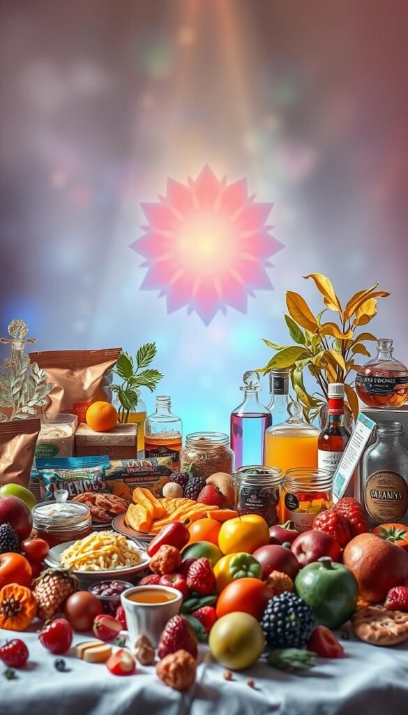 a vibrant, whimsical still life depicting an assortment of foods to avoid during a detox, set against a backdrop of soft, ethereal lighting and a serene, spiritual atmosphere. In the foreground, a variety of unhealthy items such as processed snacks, sugary treats, and alcoholic beverages are arranged in a visually striking manner, their colors and textures contrasting with the overall calming ambiance. The middle ground features healthier alternatives like fresh fruits, vegetables, and herbal teas, suggesting the nutritional focus of a holistic detox. The background layers in a dreamlike, mystical quality, with subtle geometric patterns and a soothing color palette that evokes a sense of inner balance and transformation. The overall composition aims to guide the viewer towards a deeper understanding of the importance of mindful food choices during a detox journey. a vibrant, whimsical still life depicting an assortment of foods to avoid during a detox, set against a backdrop of soft, ethereal lighting and a serene, spiritual atmosphere. In the foreground, a variety of unhealthy items such as processed snacks, sugary treats, and alcoholic beverages are arranged in a visually striking manner, their colors and textures contrasting with the overall calming ambiance. The middle ground features healthier alternatives like fresh fruits, vegetables, and herbal teas, suggesting the nutritional focus of a holistic detox. The background layers in a dreamlike, mystical quality, with subtle geometric patterns and a soothing color palette that evokes a sense of inner balance and transformation. The overall composition aims to guide the viewer towards a deeper understanding of the importance of mindful food choices during a detox journey.
