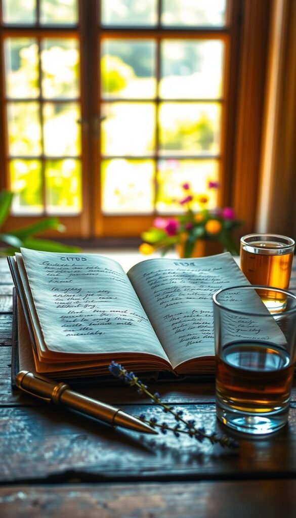 a vividly colorful still life image of an open leather-bound gratitude journal on a wooden table, glowing with warm natural light from a large window. The journal's pages are filled with handwritten notes and sketches, radiating a sense of mindfulness and appreciation. In the foreground, a vintage brass pen, a sprig of fresh lavender, and a crystal tumbler filled with herbal tea create a spiritual, meditative atmosphere. The background features a soft-focus view of a verdant garden, suggesting a connection to nature and the abundance of life. The overall composition and lighting evoke a sense of tranquility, mindfulness, and inner fulfillment. a vividly colorful still life image of an open leather-bound gratitude journal on a wooden table, glowing with warm natural light from a large window. The journal's pages are filled with handwritten notes and sketches, radiating a sense of mindfulness and appreciation. In the foreground, a vintage brass pen, a sprig of fresh lavender, and a crystal tumbler filled with herbal tea create a spiritual, meditative atmosphere. The background features a soft-focus view of a verdant garden, suggesting a connection to nature and the abundance of life. The overall composition and lighting evoke a sense of tranquility, mindfulness, and inner fulfillment.