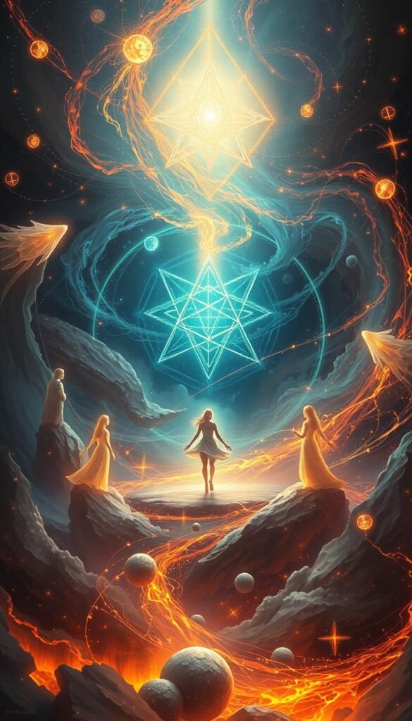 detailed digital painting of swirling cosmic energy fields, glowing geometric shapes, and ethereal luminescent figures, illustrating the principles of the Law of Attraction, centered composition with a focused, mystical atmosphere, dramatic lighting and depth of field, rich, vibrant colors and a sense of ethereal, spiritual transcendence detailed digital painting of swirling cosmic energy fields, glowing geometric shapes, and ethereal luminescent figures, illustrating the principles of the Law of Attraction, centered composition with a focused, mystical atmosphere, dramatic lighting and depth of field, rich, vibrant colors and a sense of ethereal, spiritual transcendence