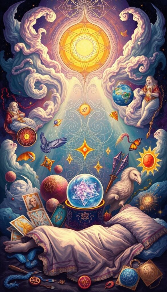 detailed spiritual illustration of dream interpretation theories, with a vibrant foreground depicting various dream symbols and motifs like a crystal ball, tarot cards, a sleeping person, and occult symbols, set against a mystical background with ethereal celestial elements, swirling cloud-like formations, and soft lighting to convey a dreamlike, introspective atmosphere, all rendered in a colorful, imaginative style that reflects the esoteric nature of the subject matter detailed spiritual illustration of dream interpretation theories, with a vibrant foreground depicting various dream symbols and motifs like a crystal ball, tarot cards, a sleeping person, and occult symbols, set against a mystical background with ethereal celestial elements, swirling cloud-like formations, and soft lighting to convey a dreamlike, introspective atmosphere, all rendered in a colorful, imaginative style that reflects the esoteric nature of the subject matter